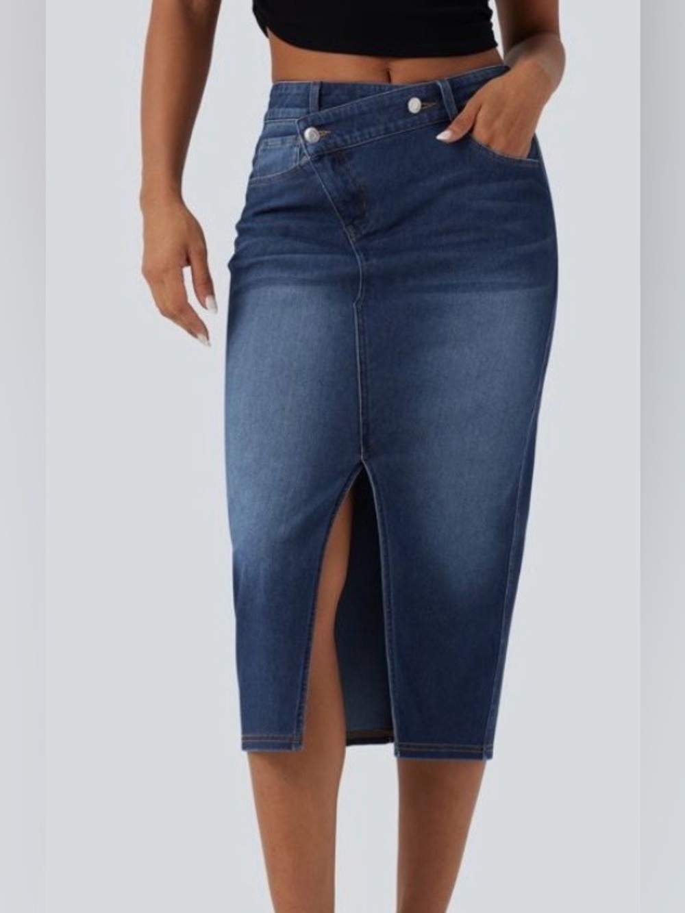 MEDIUM.  HALARA ASYMMETRIC SLIT STRETCHY MIDI DENIUM SKIRT